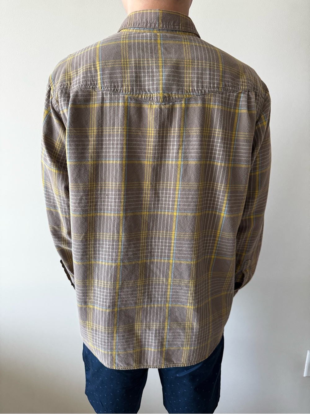 Men's Casual Brown Plaid Button-Down Shirt with Yellow Accents